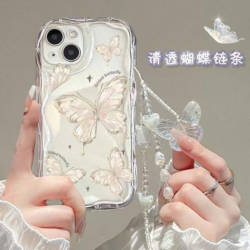 3D Butterfly Charm iPhone Case – Korean Wavy Transparent Cover with Bracelet Chain (iPhone 12–16)