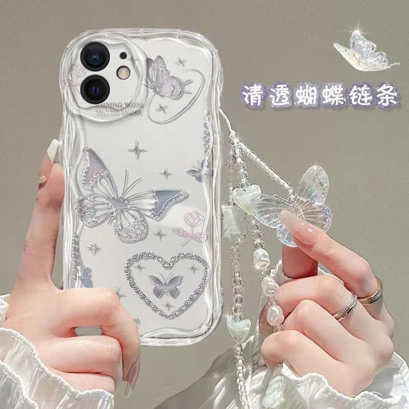 3D Butterfly Charm iPhone Case – Korean Wavy Transparent Cover with Bracelet Chain (iPhone 12–16)